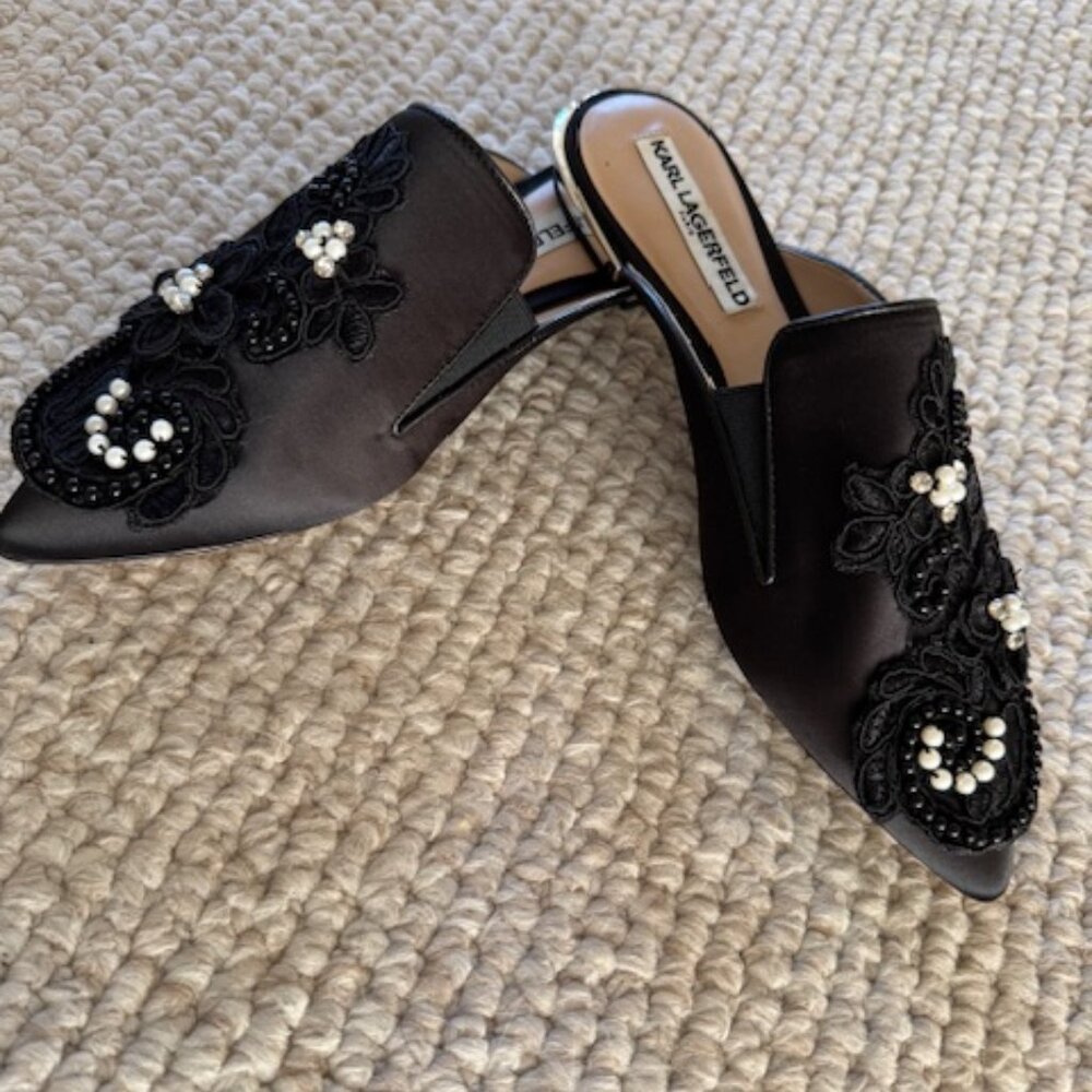 Karl Lagerfeld Black Embroidered Beaded Slipped-on Loafer Sz 7